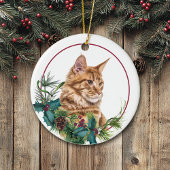 Ginger Maine Coon Cat Evergreen Berry Wreath Keramisch Ornament