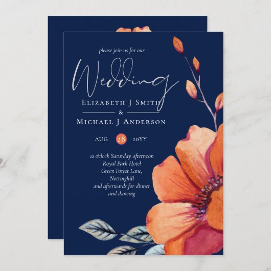 Ginger Navy Blue Autumn Fall Wedding nodigt Envl u (Voorkant / Achterkant)