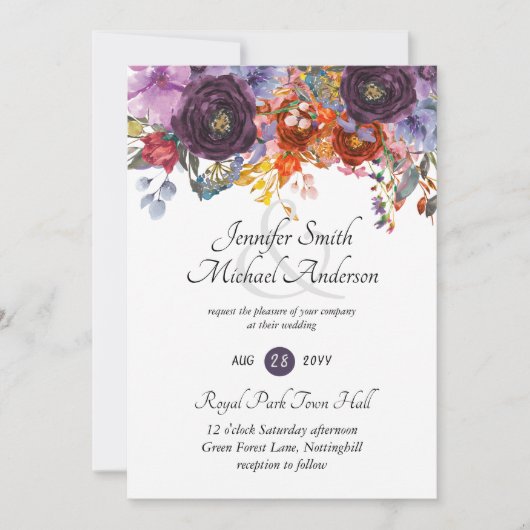 Ginger Paars najaar Herfst Floral Wedding Invites Kaart (Voorkant)