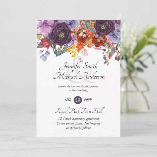 Ginger Paars najaar Herfst Floral Wedding Invites Kaart (Staand voorkant)