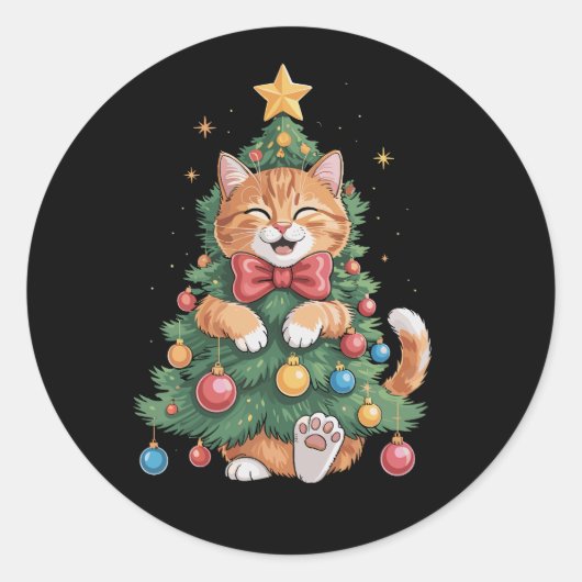 Ginger Sinaasappel Kat Kerstboom Schattige Xmas Ronde Sticker (Voorkant)