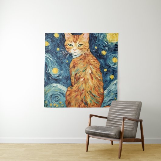 Ginger Tabby Cat in de Sterrennacht Wandkleed (In situ)
