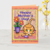 Ginger Tabby Cat Moederdag Wenskaart Kaart (Gele Bloem)