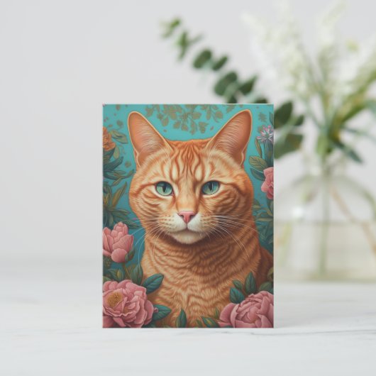 Ginger Tabby Kat en Pioenen Briefkaart (Staand voorkant)