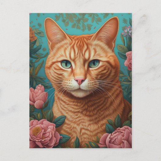 Ginger Tabby Kat en Pioenen Briefkaart (Voorkant)