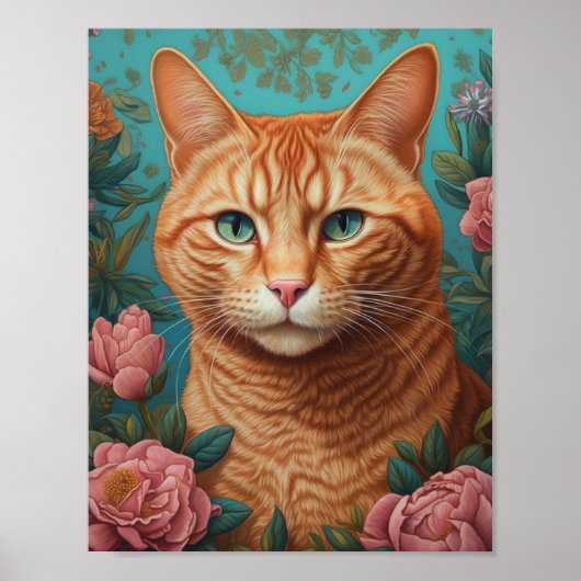 Ginger Tabby Kat en Pioenen Poster (Voorkant)