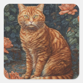 Ginger Tabby Kat en Rozen Vierkante Sticker