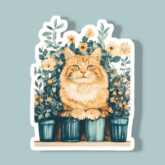 Ginger Tabby Kat Omgeven Door Bloeiende Bloemen Sticker