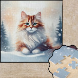 Ginger Winter Kat Legpuzzel<br><div class="desc">Een charmante winterscène met een gemberkat. De vacht heeft een rijke, warme gemberkleur, met enkele witte vlekken op de poten en rond het gezicht. De winterse omgeving omvat een besneeuwd landschap met delicate sneeuwvlokken die zachtjes uit de lucht vallen. Kat zit tussen met sneeuw bedekte groenblijvende bomen. De algemene sfeer...</div>