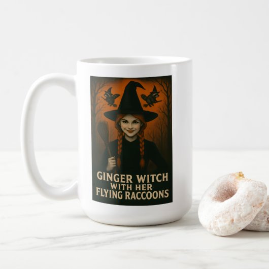 Ginger Witch met haar vliegende wasberen V2 Koffiemok (Met donut)