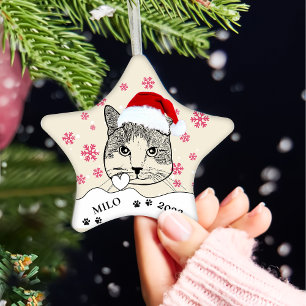 Ginger Witte Kat Gepersonaliseerde Hand Tekening Keramisch Ornament
