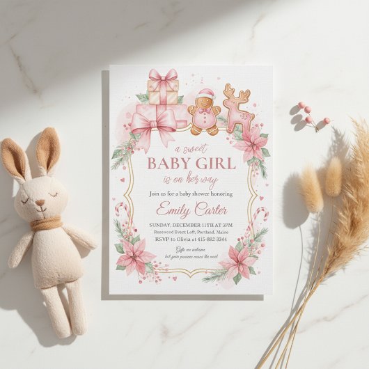 Gingerbread Baby Girl Shower Invitation Christmas Kaart