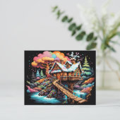 Gingerbread boomhut boven de kerststroom feestdagenkaart (Staand voorkant)