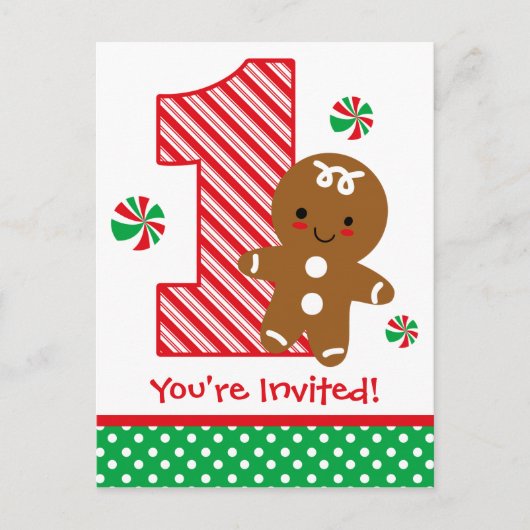 Gingerbread Boy 1st Birthday Invitation Uitnodiging Briefkaart (Voorkant)