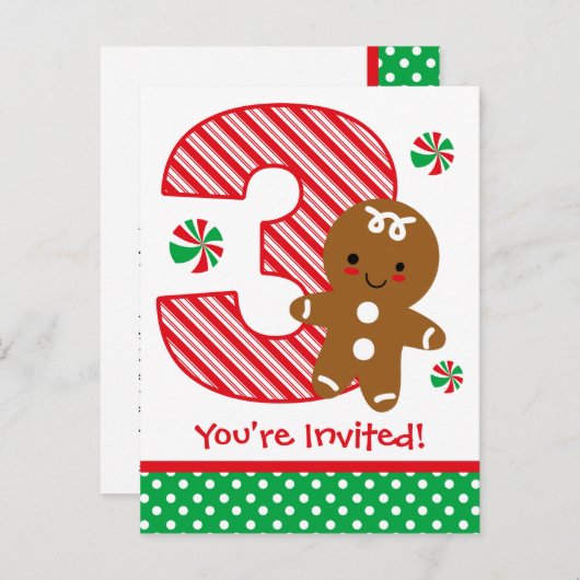 Gingerbread Boy 3rd Birthday Invitation Uitnodiging Briefkaart (Voorkant / Achterkant)
