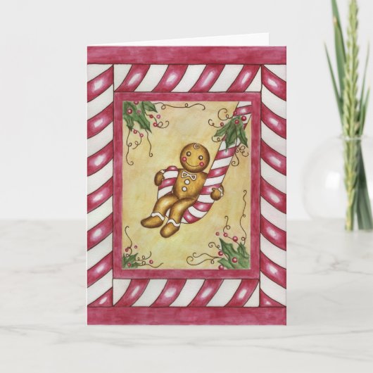 Gingerbread Boy Candy Cane Christmas Kaart (Voorkant)