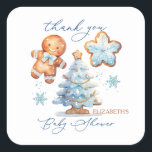 Gingerbread Boy Christmas Tree Baby shower Bedankt Vierkante Sticker<br><div class="desc">Dit ontwerp toont een waterverf van Gingerbread baby boy,  Gingerbread Christmas tree en star. De teksten "Thank You" en "Baby shower" zijn geschreven in een modern kalligrafielettertype.</div>