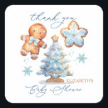 Gingerbread Boy Christmas Tree Baby shower Bedankt Vierkante Sticker<br><div class="desc">Dit ontwerp toont een waterverf van Gingerbread baby boy,  Gingerbread Christmas tree en star. De teksten "Thank You" en "Baby shower" zijn geschreven in een modern kalligrafielettertype.</div>