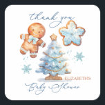Gingerbread Boy Christmas Tree Baby shower Bedankt Vierkante Sticker<br><div class="desc">Dit ontwerp toont een waterverf van Gingerbread baby boy,  Gingerbread Christmas tree en star. De teksten "Thank You" en "Baby shower" zijn geschreven in een modern kalligrafielettertype.</div>