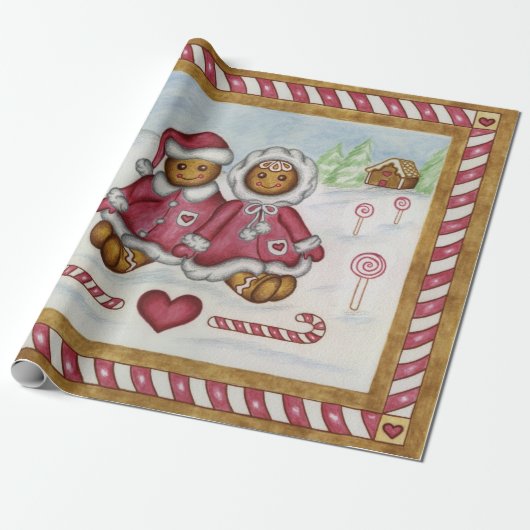 Gingerbread Boy Girl Christmas Gift Wrapping Paper Cadeaupapier (Uitgerold)
