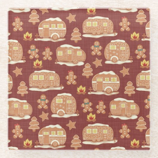 Gingerbread Camper Kerstmis Glazen Onderzetter (Voorkant)