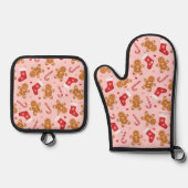 Gingerbread Candy Cane Kousen Kerstmis Roze Ovenwant & Pannenlap Set (Voorkant)