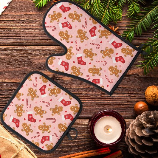 Gingerbread Candy Cane Kousen Kerstmis Roze Ovenwant & Pannenlap Set