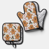 Gingerbread Candy Canes & Holly Sprigs Christmas Ovenwant & Pannenlap Set (Voorkant / Achterkant)