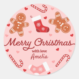 Gingerbread Candycane Kousen Roze Kerst Ronde Sticker
