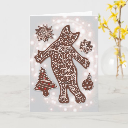 Gingerbread Cat & Kerstkoekjes Kaart (Gele Bloem)