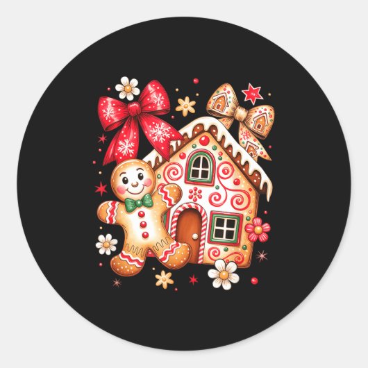 Gingerbread Christmas Bow Christmas House Retro Co Ronde Sticker (Voorkant)