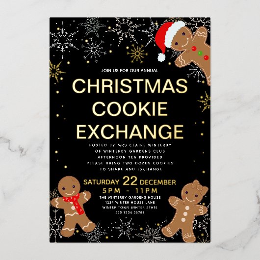 Gingerbread Christmas Cookie Exchange Gold Black Folie Feestdagenkaart (Voorkant)
