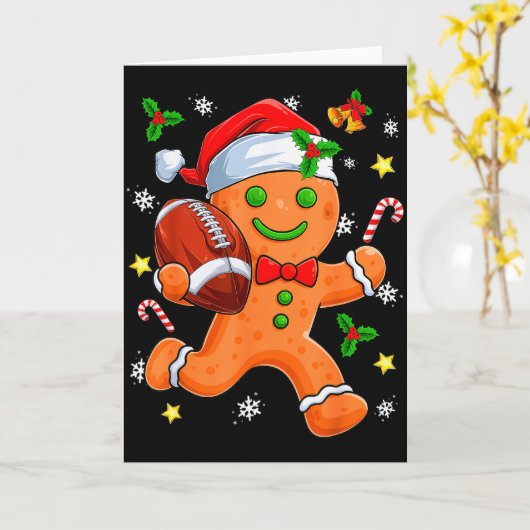 Gingerbread Cookie Playing Football Merry Christma Kaart (Gele Bloem)