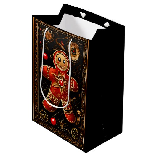  Gingerbread Cookie Zwart Rood Goud Kerst Medium Cadeauzakje (Voorkant Gekanteld)