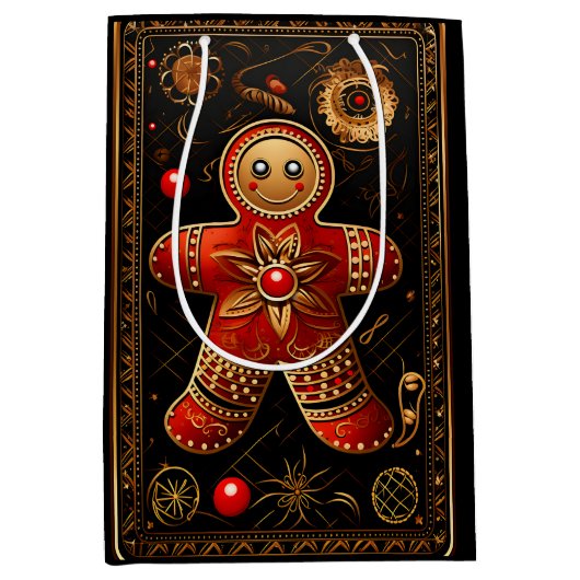  Gingerbread Cookie Zwart Rood Goud Kerst Medium Cadeauzakje (Voorkant)