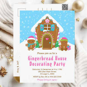 Gingerbread Decoratie Feestje Helder Blauw en Roze Briefkaart