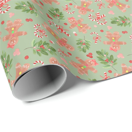 Gingerbread en Holly Branches GROENE Wikkelpapier Cadeaupapier (Rol Hoek)