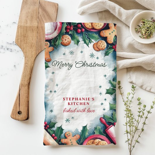 Gingerbread en Holly Merry Christmas gepersonalise Theedoek