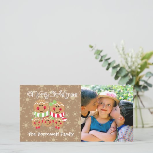 Gingerbread Faces Familie van 5 foto kerstkaart (Staand voorkant)