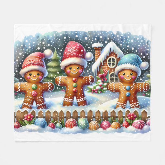 Gingerbread Family Snowy Christmas Scene Fleece Deken (Voorkant (Horizontaal))