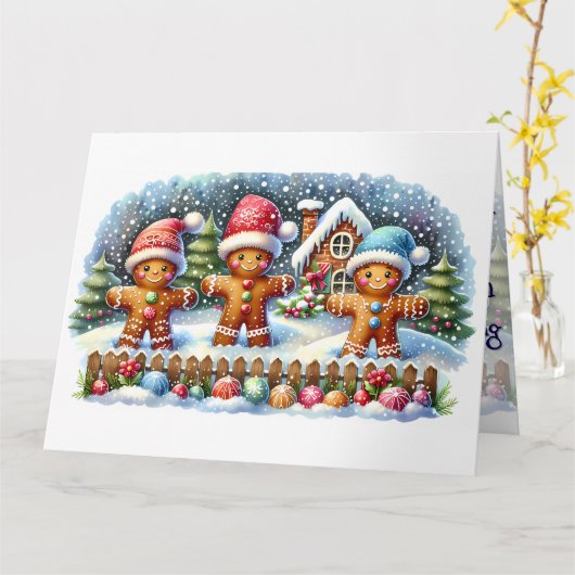 Gingerbread Family Snowy Christmas Scene Kaart (Gele Bloem)