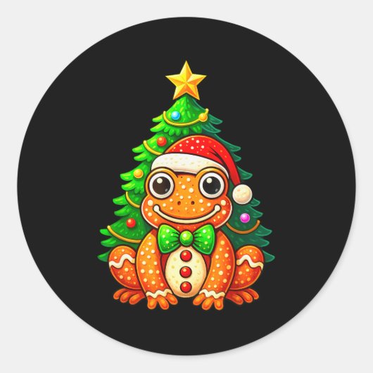 Gingerbread Frog Wearing Santa Hat Christmas Tree  Ronde Sticker (Voorkant)
