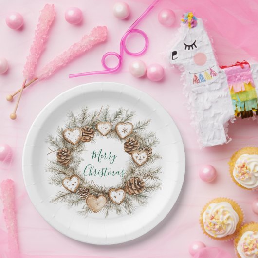 Gingerbread Hearts Pine Cones Wreath Christmas Papieren Bordje (Feest)