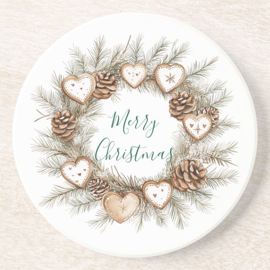 Gingerbread Hearts Pine Cones Wreath Christmas Zandsteen Onderzetter (Voorkant)