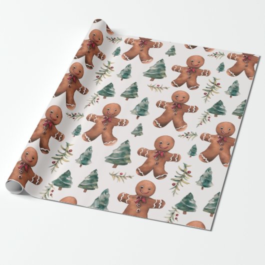 Gingerbread Heren bomen bessen Modern Christmas Cadeaupapier (Uitgerold)