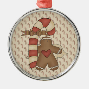 Gingerbread Holding Giant Candy Cane Metalen Ornament