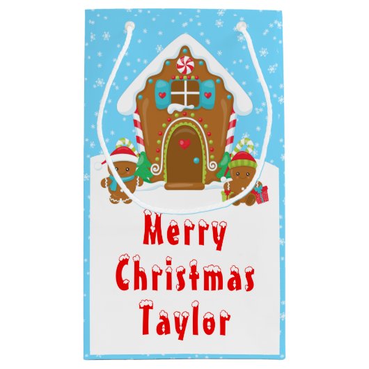 Gingerbread House Blauw en Rood Vrolijk Kerstfeest Klein Cadeauzakje (Achterkant)