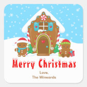 Gingerbread House Blauw en Rood Vrolijk Kerstfeest Vierkante Sticker (Voorkant)