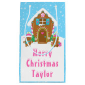 Gingerbread House Blauw en Roze Vrolijk Kerstfeest Klein Cadeauzakje (Voorkant)
