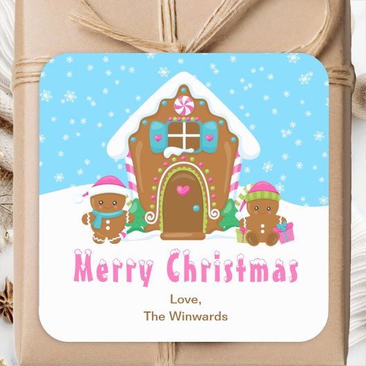 Gingerbread House Blauw en Roze Vrolijk Kerstfeest Vierkante Sticker